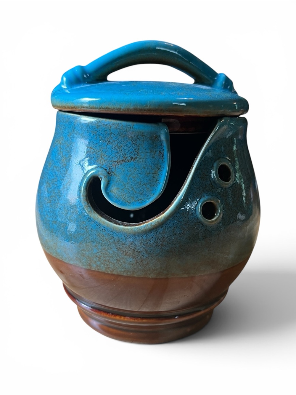 Darn Good Yarn Pottery Lidded Jar Bowl Skein Holder Swirl Blue Brown
